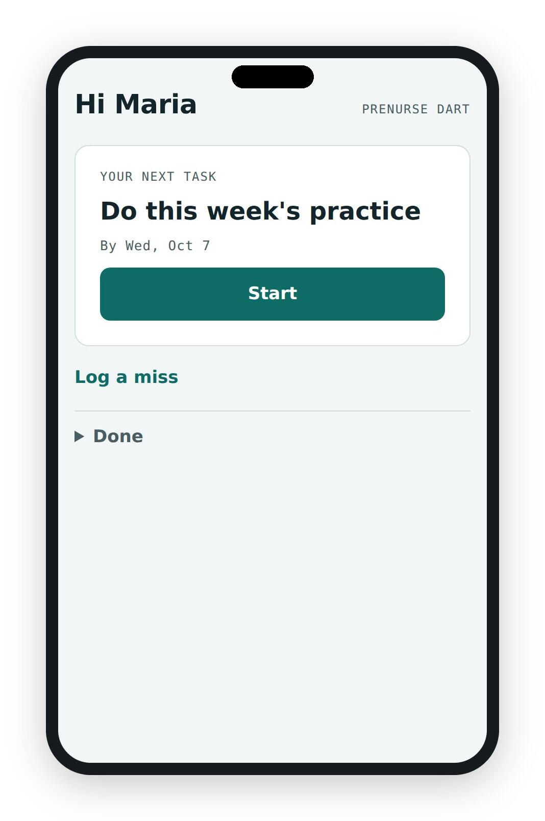 A student's home page showing one next task and one Start button